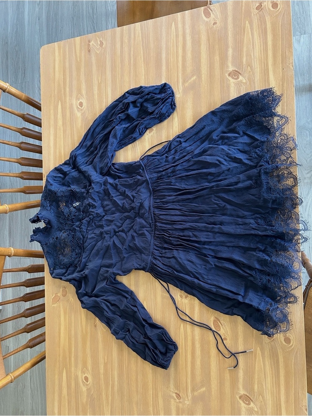 Women's Navy Lace Trim Long Sleeve Dress